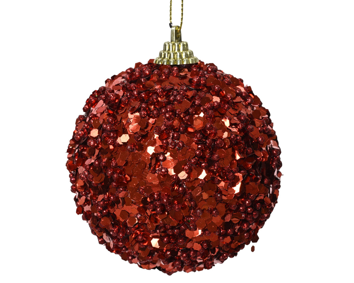 BOLA DE NAVIDAD ROJA CON MINI BOLITAS Y LENTEJUELAS 8CM