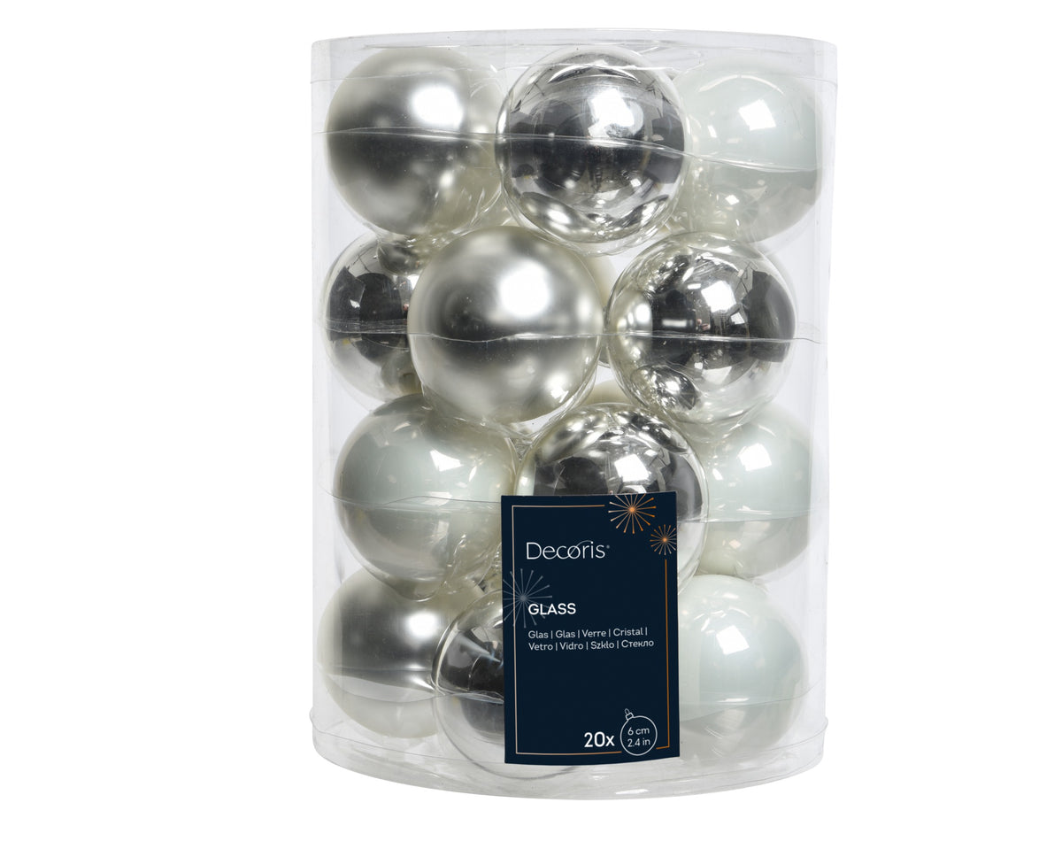 BAUBLES GLASS SHINY D6CM WHITE SILVER