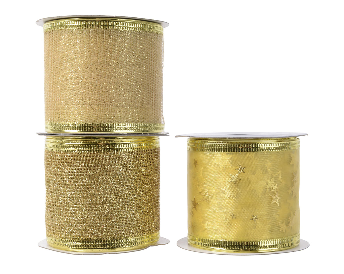 RIBBON POLYESTER GLITTER AND FOIL 3ASS LIGHT GOLD LARGO 270CM X ANCHO 6.3CM X ALTO 0.01CM