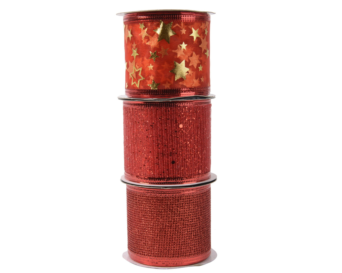 RIBBON POLYESTER GLITTER AND FOIL 3ASS RED LARGO 270CM X ANCHO 6.3CM X ALTO 0.01CM