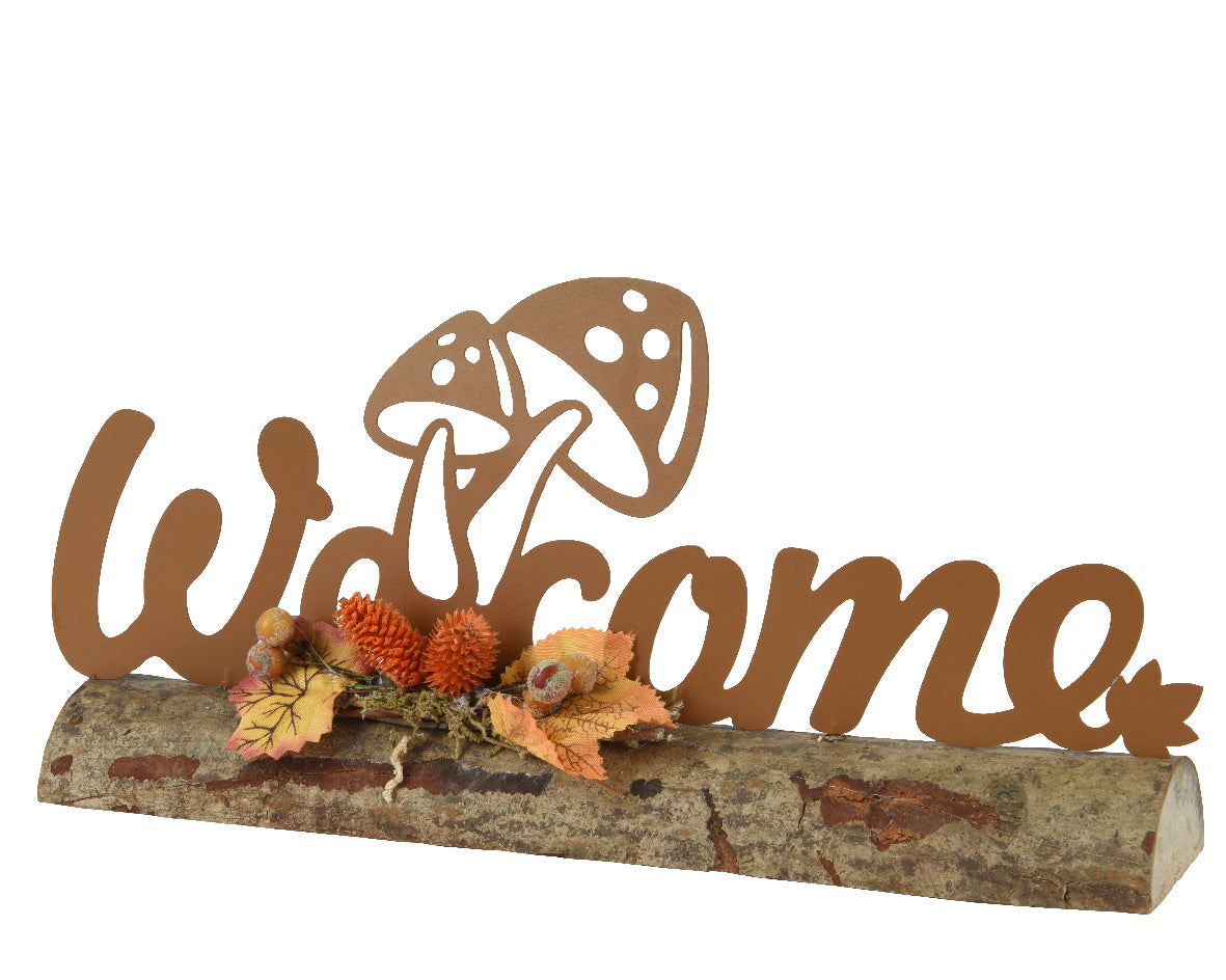 SETA DECORATIVA DE HIERRO CON CARTEL «WELCOME» EFECTO ÓXIDO · 5 × 30 × 13 CM