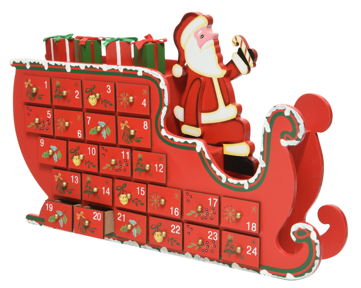 ADVENT CALENDAR MDF SLEIGH W SANTA WITH GLITTER SNOW GREEN/RED LARGO 6CM X ANCHO 35CM X ALTO 23CM