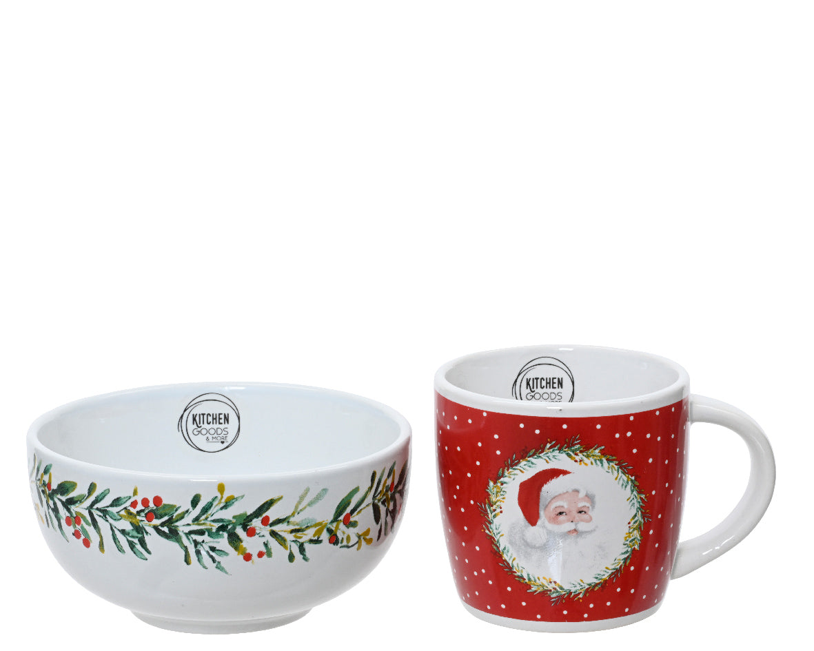 BREAKFAST SET STONEWARE DECAL WREATH AND SANTA