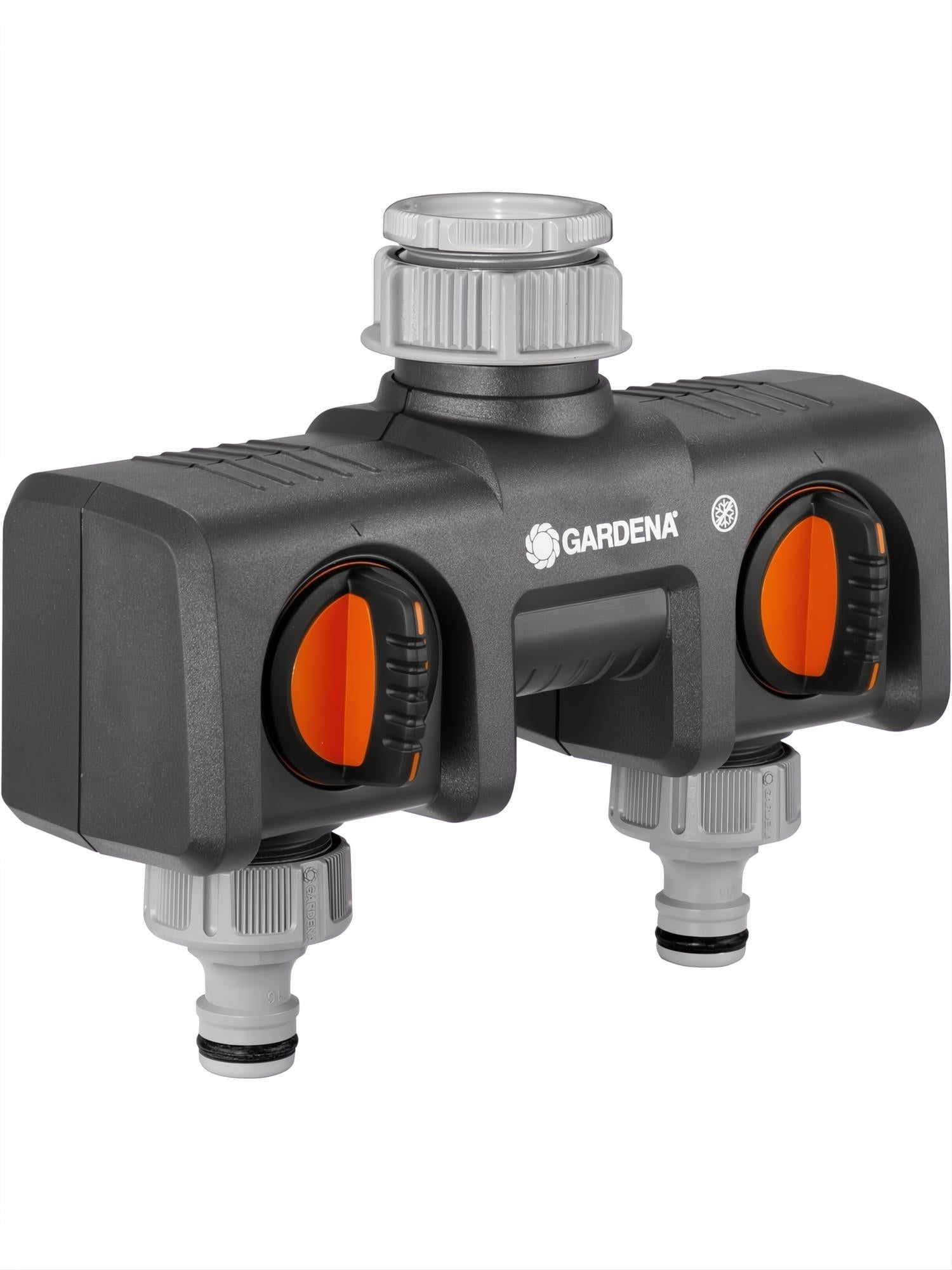 Distribuidor GARDENA 2 vías gris oscuro con controles naranjas y conexiones de manguera.