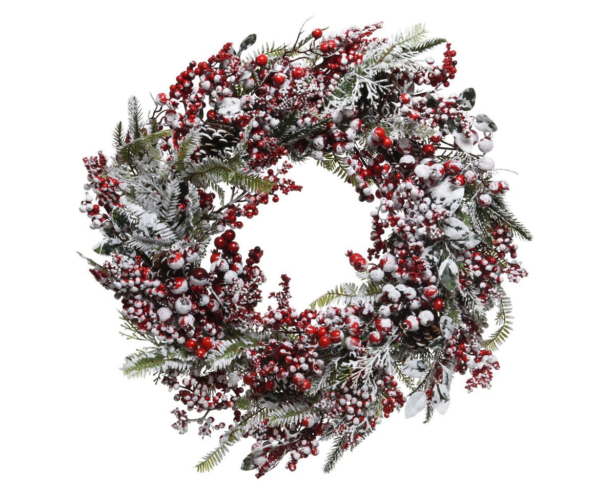R/W BERRY WREATH SNOWY RED BERRIES D60H12 GREEN