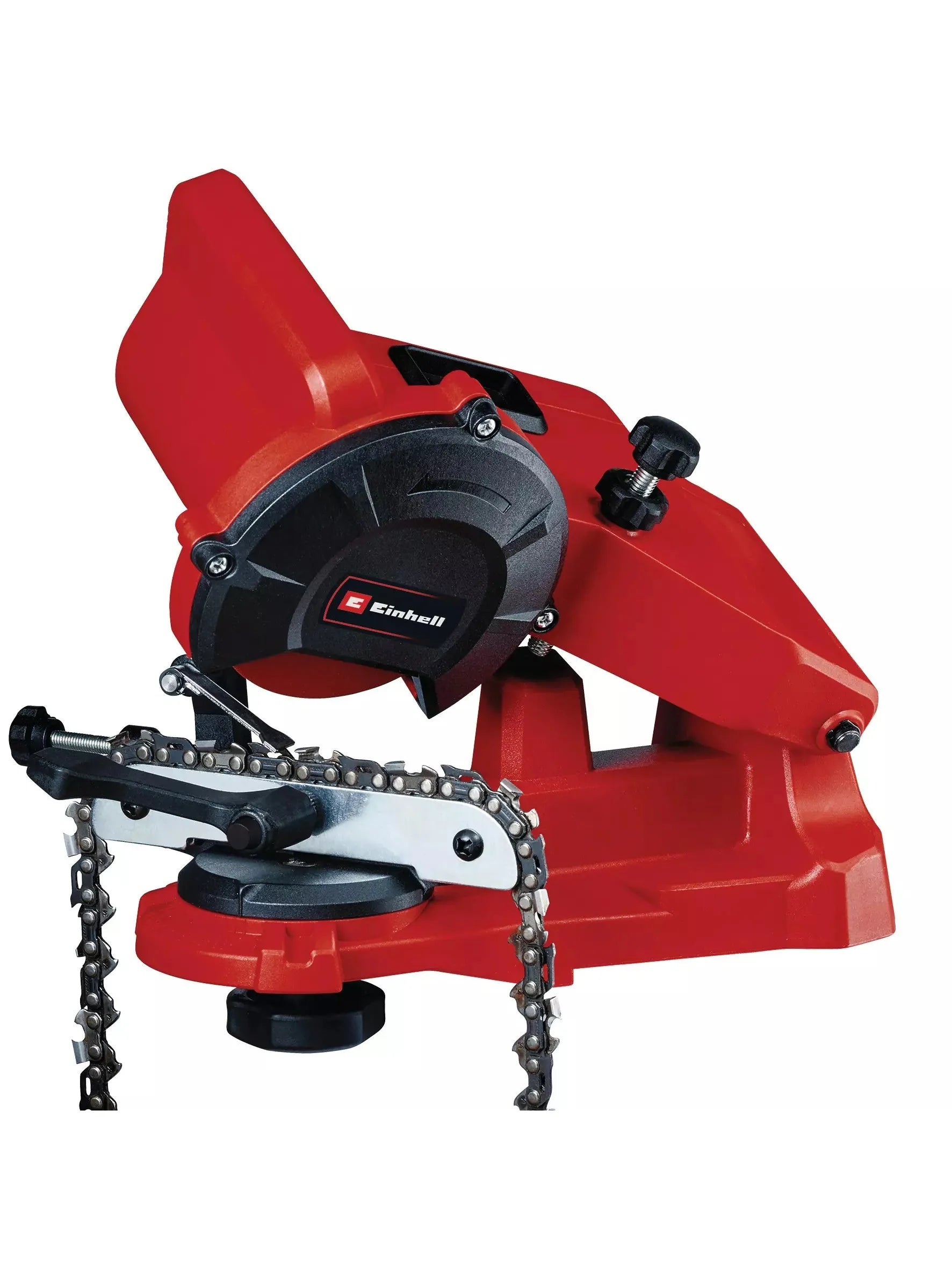 Red Einhell GC-CS 85E chainsaw sharpener with black accents and a metal chain.