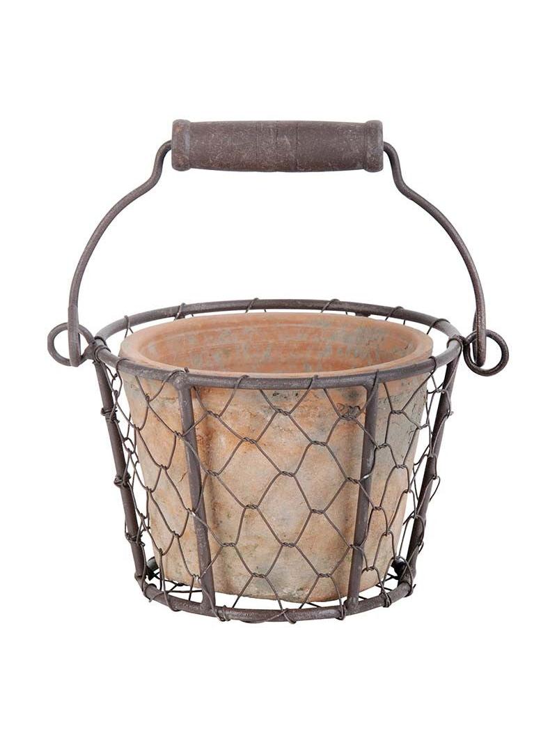 MACETA CON CESTA DE ALAMBRE Y ASA
