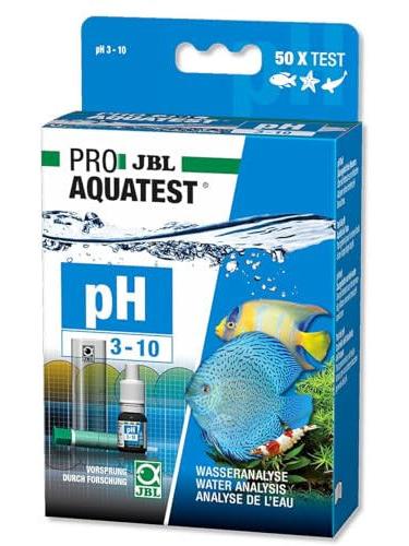 Blue and white JBL PROAQUATEST pH 3-10 kit box with fish, water analysis tools, and text.