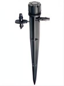 Gotero regulable negro con estaca, para riego por goteo, compatible con tubería de Ø 16 mm.