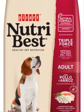 NutriBest Adult dog food bag, 3kg, with a beagle and chicken and rice ingredients.