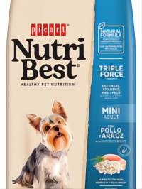 NutriBest Adult Mini dog food, 10kg bag, with a Yorkshire Terrier and chicken & rice graphic.