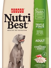 NutriBest Adult Lamb & Rice 15kg dog food bag with a Weimaraner, green and beige design.