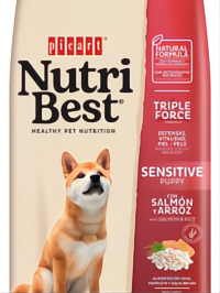 NutriBest Sensitive Puppy Salmon & Rice dog food bag with Shiba Inu.