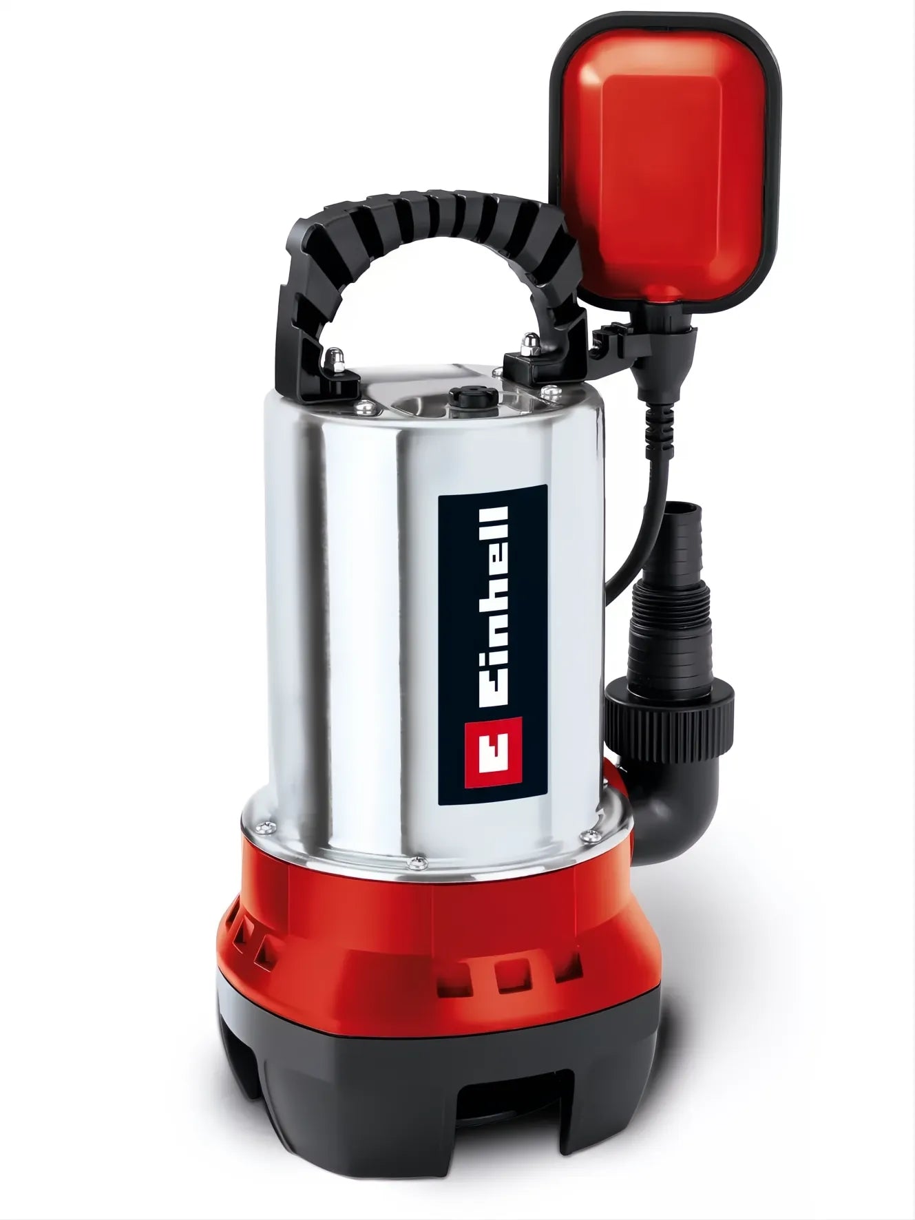Bomba de agua sucia Einhell GC-DP 6315 N de acero inoxidable y rojo con asa negra y flotador.