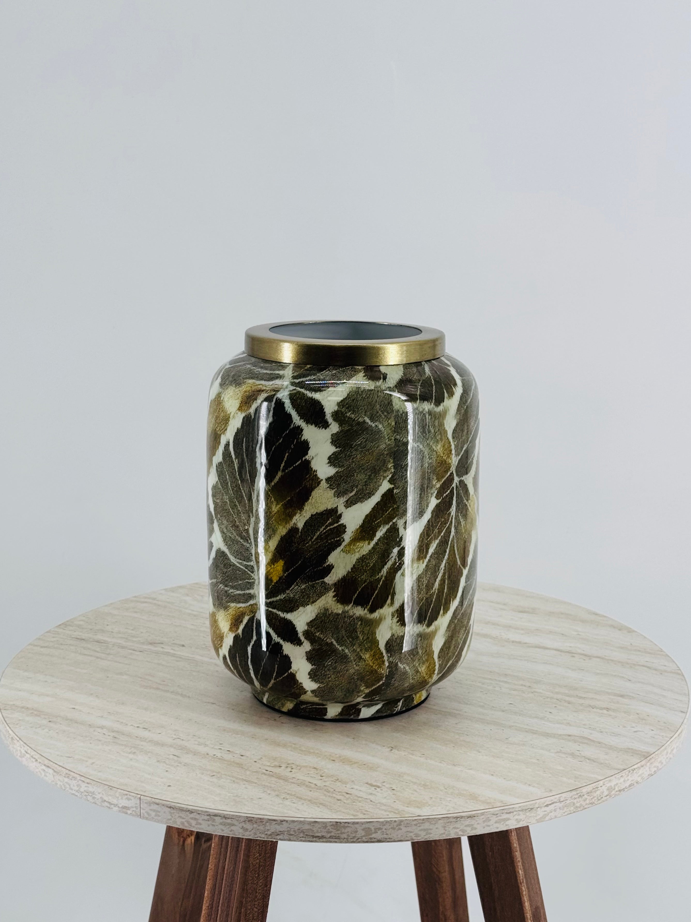 BOTTLE GREEN LEAF METAL WITH PRINT 15X15X20.5CM