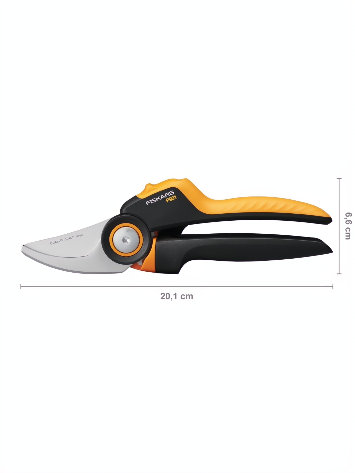 Tijera de podar Fiskars X-Series P921 negra y naranja con hoja de acero, 20.1 cm de largo.