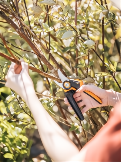 Manos podando ramas con tijera Fiskars X-Series P921 negra y naranja.