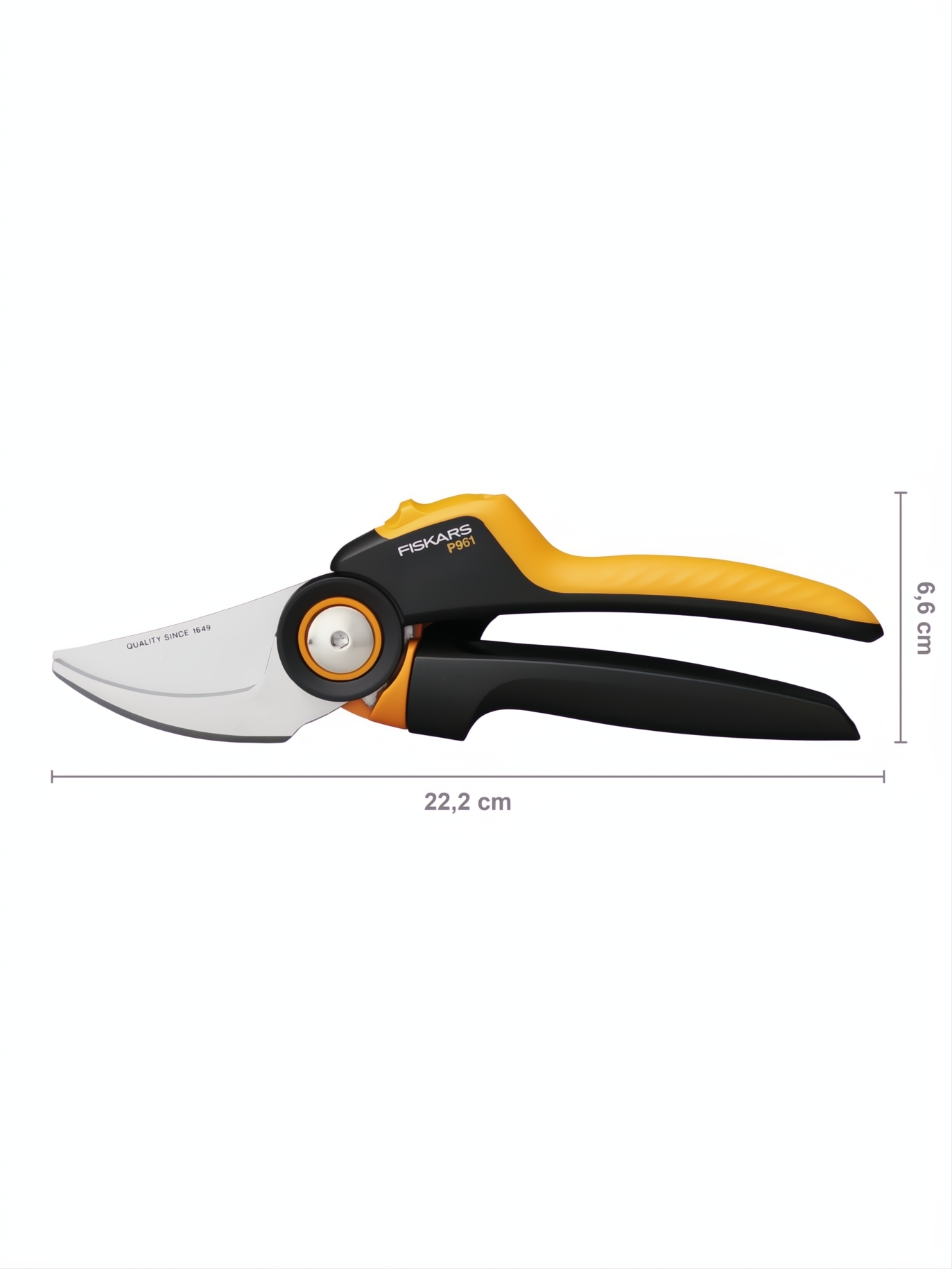 Tijera de podar Fiskars X-Series P961 negra y naranja, con hoja de acero templado, 22,2 cm de largo.