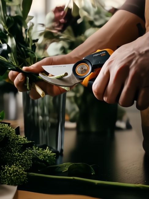 Tijera de podar Fiskars X-Series P961 negra y naranja con hoja de acero, cortando tallos verdes.