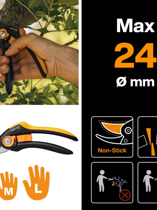Tijera de podar Fiskars P541 naranja y negra, con capacidad de corte de 24mm, ideal para jardinería.