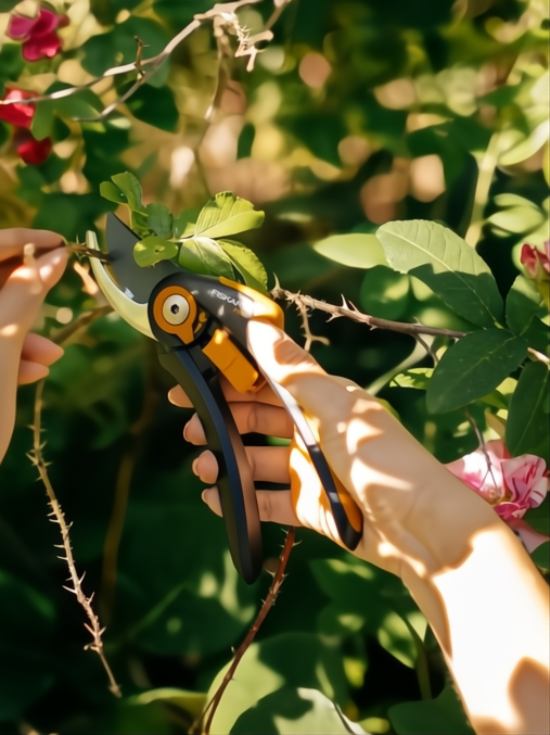 Tijera de podar Fiskars P541 negra y naranja, cortando una rama verde en un jardín soleado.
