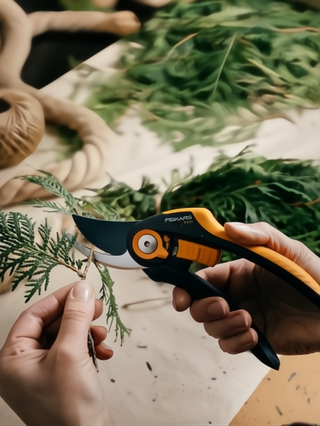 Tijera de podar Fiskars P541 negra y naranja cortando una rama verde, con manos y follaje de fondo.