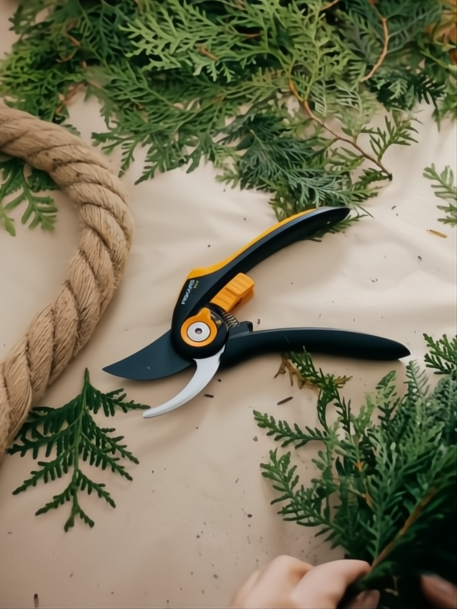 Tijera de podar Fiskars P541 negra y naranja sobre mesa beige con ramas verdes y cuerda.