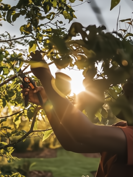 Man using an orange and black Fiskars pruning shear to trim a tree branch against a bright sunset.