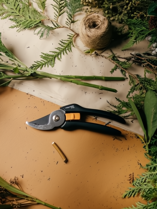 Tijera de podar Fiskars P121 negra y naranja sobre mesa marrón, rodeada de ramas verdes y cuerda.