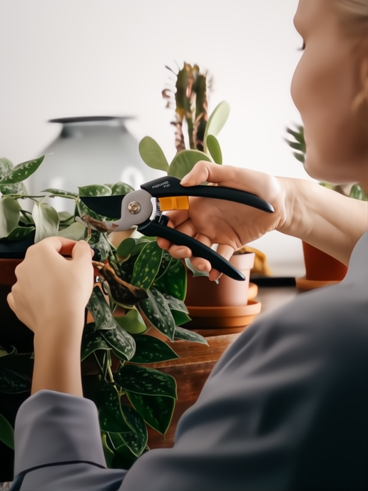 Mujer podando una planta con tijeras Fiskars P121 negras y naranjas, diseño ergonómico.