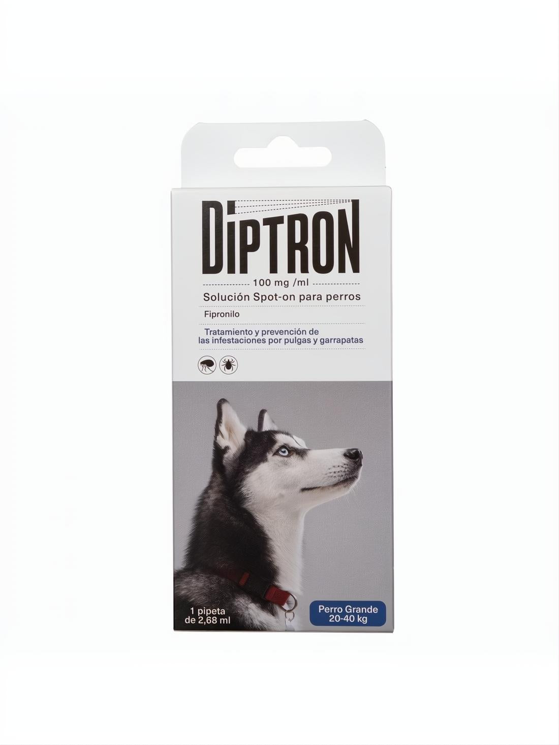 Diptron Pipeta antiparasitaria para perros grandes (20-40kg) con husky en el empaque.