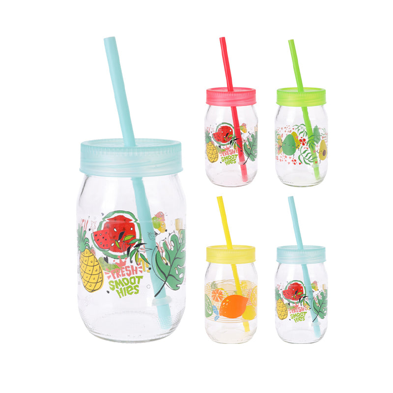 DRINKING MUG 370ML GLASS STRAW