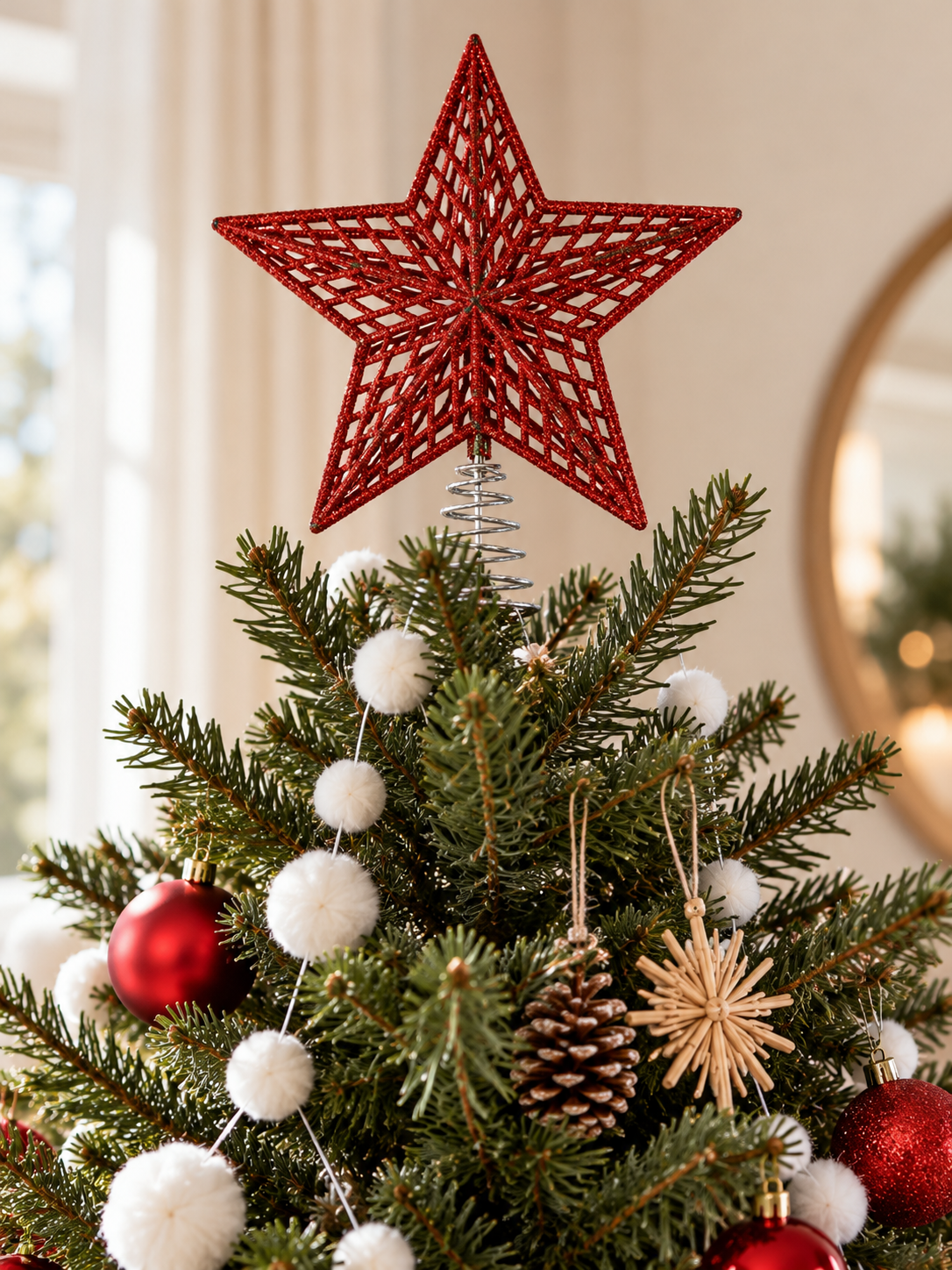ESTRELLA PARA ÁRBOL DE NAVIDAD ROJA CON GLITTER