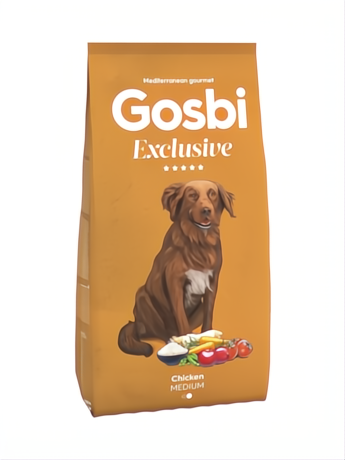 GOSBI Exclusive Chicken Medium 3 KG dog food bag with a brown dog and vegetables.