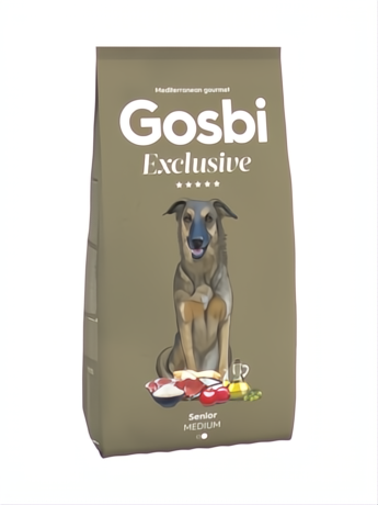 Saco de pienso Gosbi Exclusive Senior Medium 3kg color verde oliva con perro pastor y alimentos.