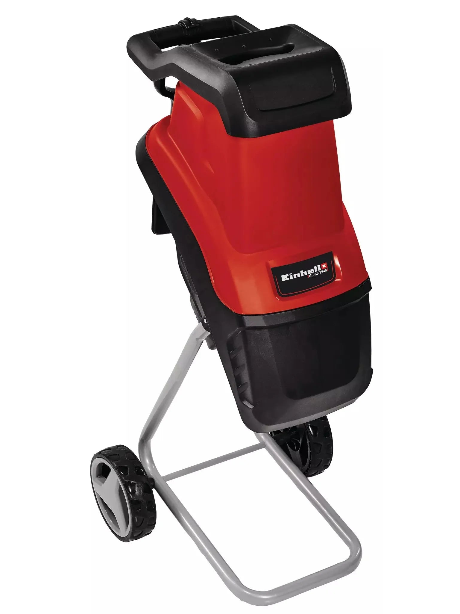 Triturador eléctrico Einhell GC-KS 2540 rojo y negro con ruedas, sobre soporte metálico.