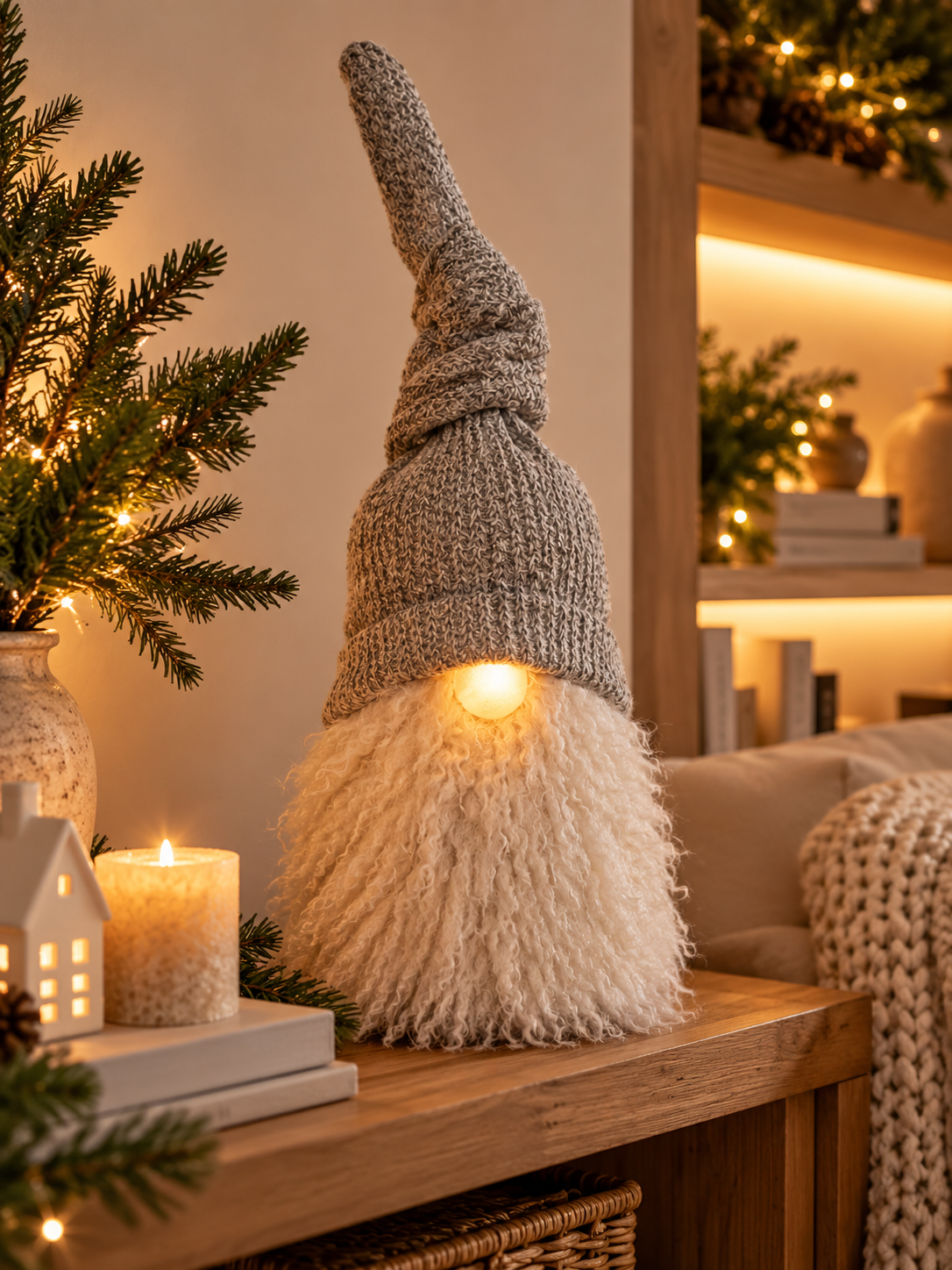 GNOMO DECORATIVO GRIS CON NARIZ LED 40 CM