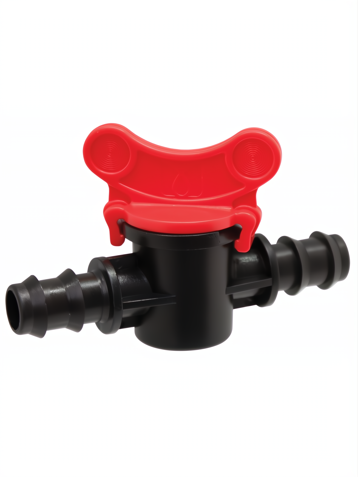 Válvula de riego negra de 16mm con palanca roja para control de flujo de agua.
