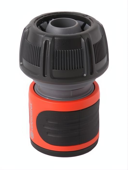 Conector Stop 19mm negro y naranja para mangueras de jardín, con diseño ergonómico y acople rápido.