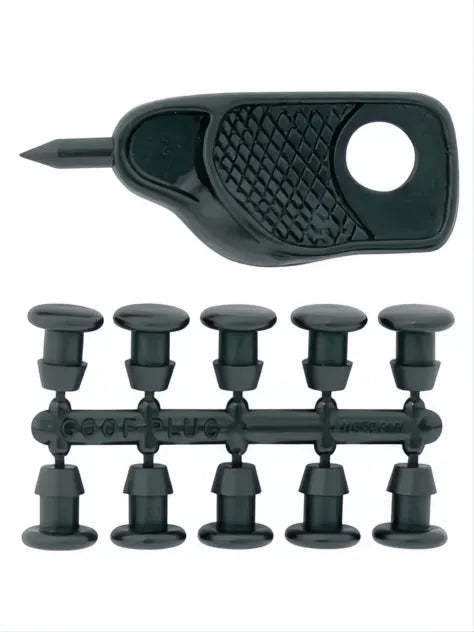 Punzón verde oscuro y tira de 10 tapones de riego de 4mm para sistemas de goteo.