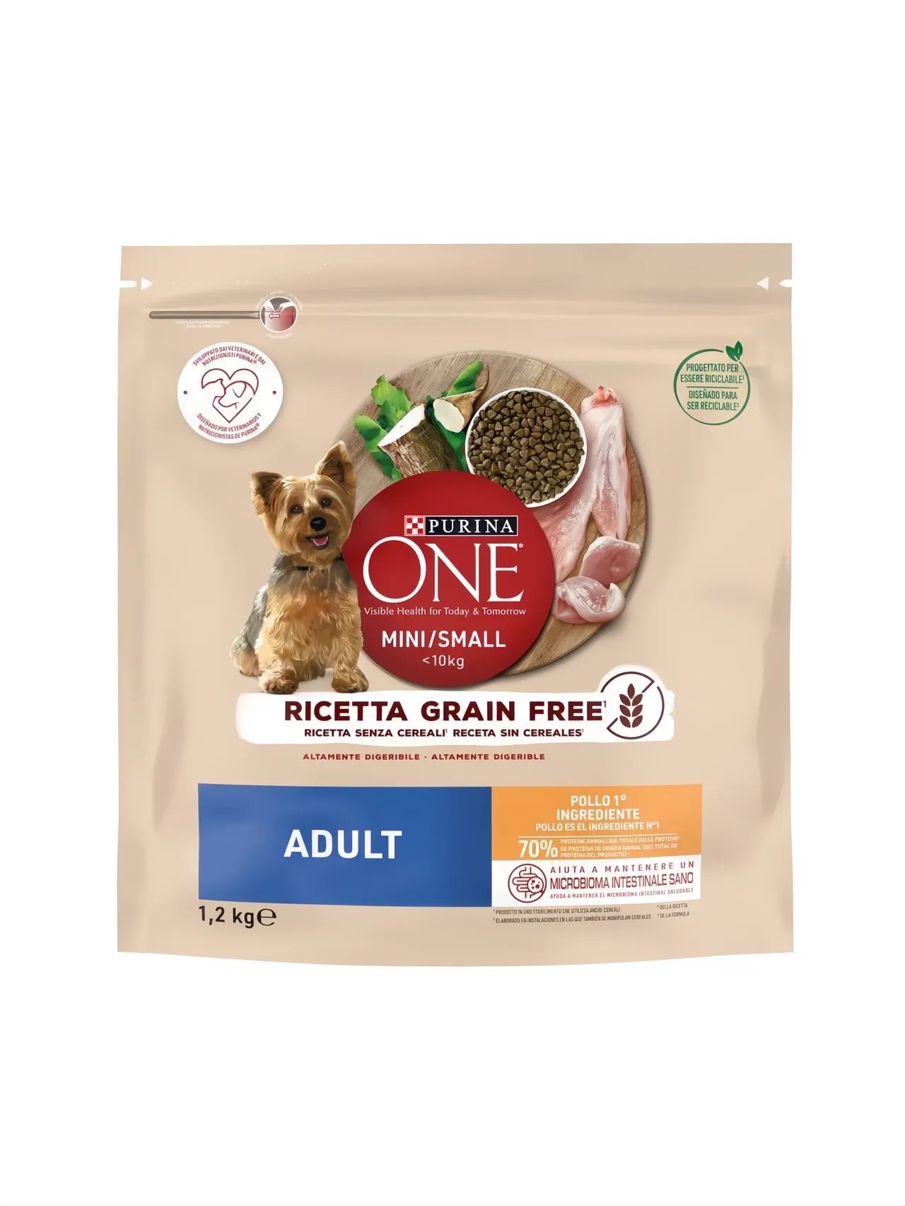 Purina ONE Mini/Small Adult Grain Free Pollo 1.2kg dog food bag with Yorkshire Terrier.