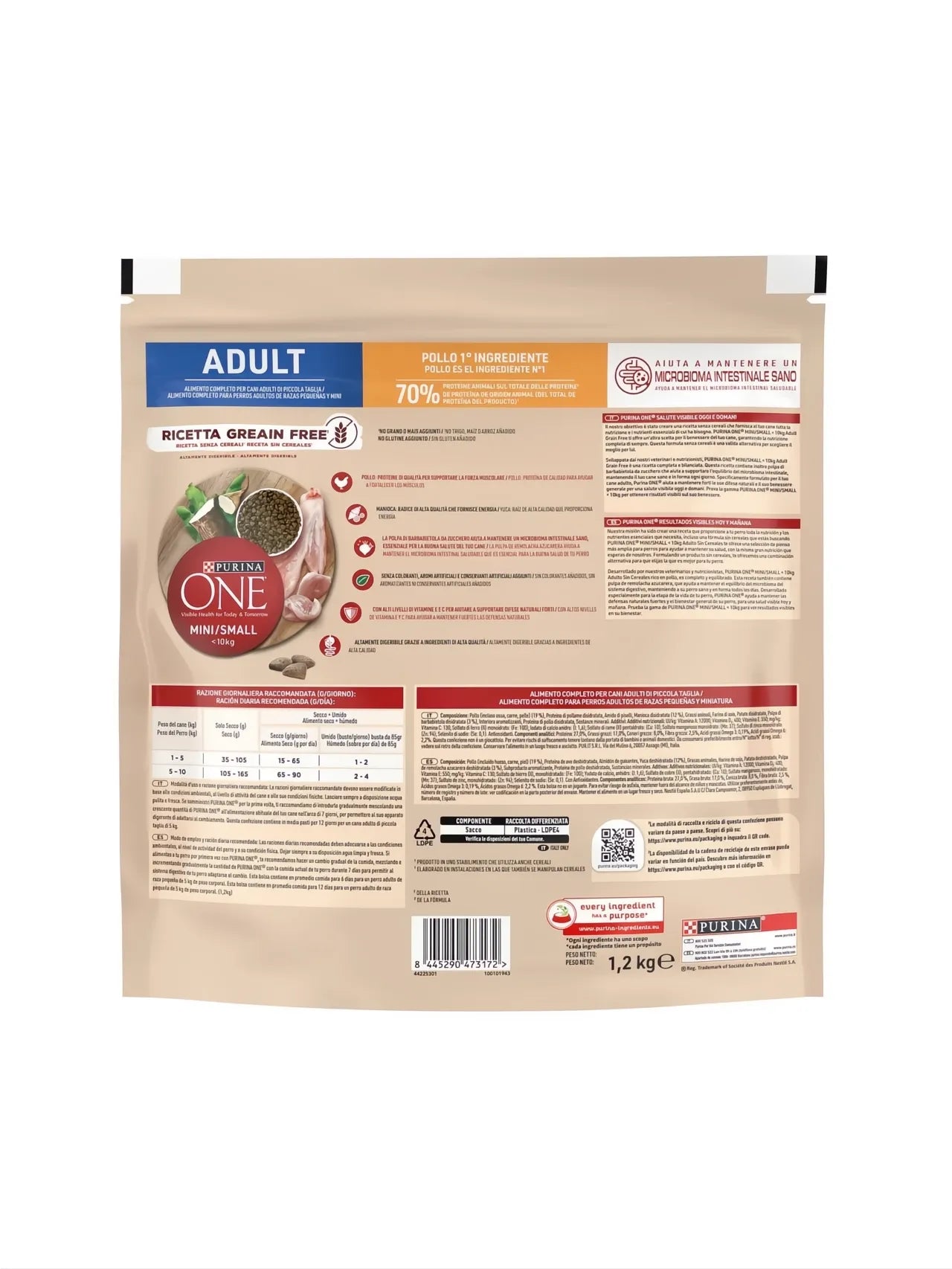 Purina ONE Mini/Small Adult Grain Free Pollo 1.2kg bag, white with blue and red details.