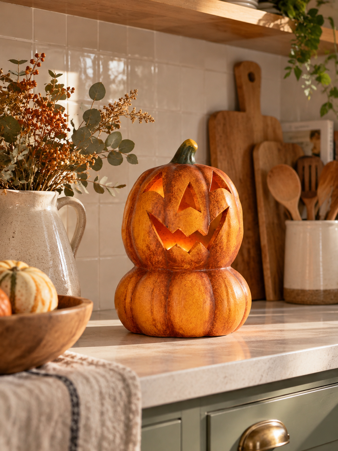 PORTAVELAS DE CERÁMICA EN FORMA DE CALABAZA · 14,5 × 13,8 × 22 CM
