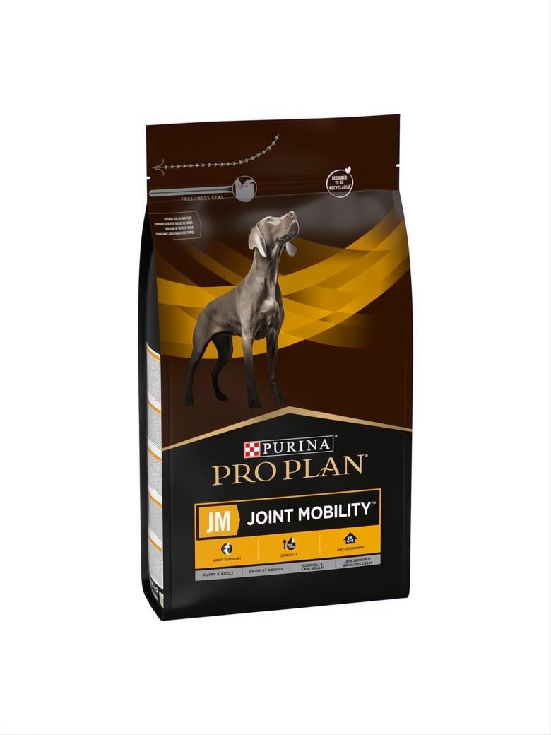 Purina Pro Plan JM Joint Mobility 3kg dog food bag with a grey Weimaraner.