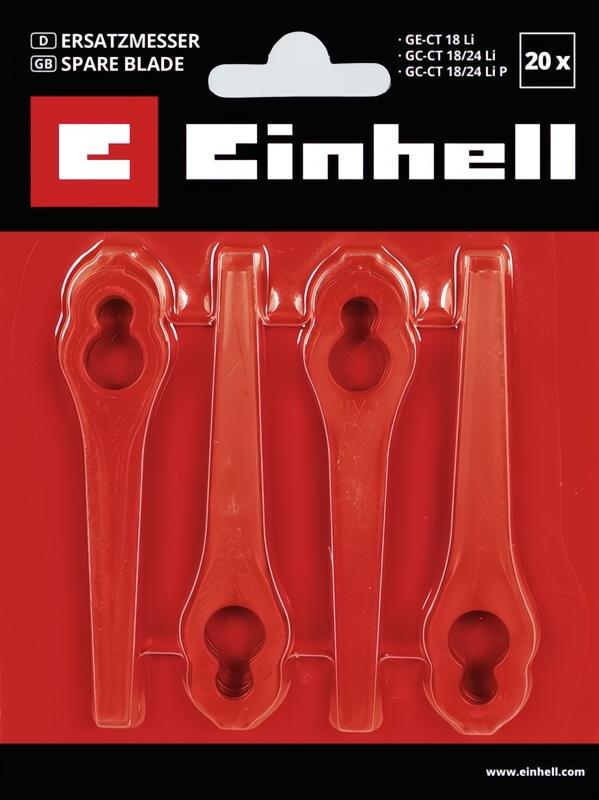 Einhell red plastic spare blades for trimmers, 20 pieces, in clear blister packaging.