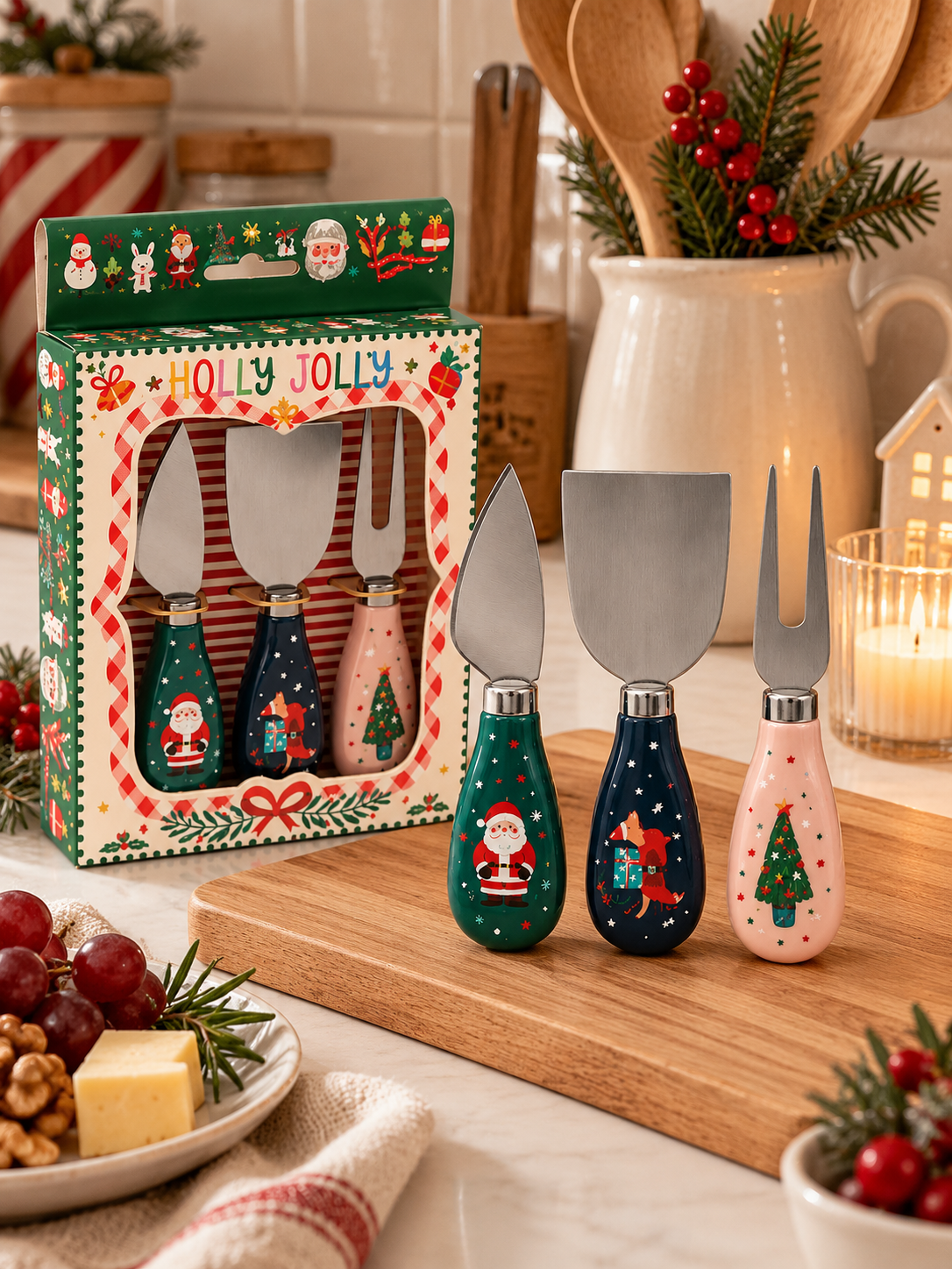 SET DE 3 UTENSILIOS PARA QUESO CON DISEÑO NAVIDEÑO