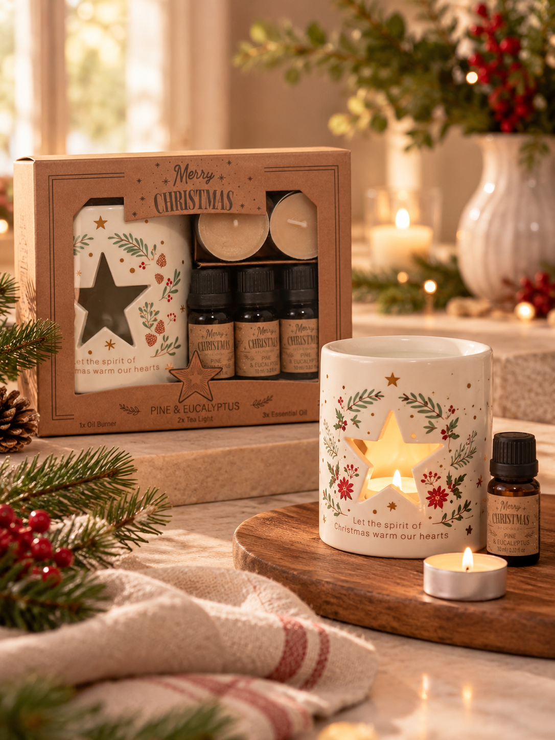 SET DE REGALO QUEMADOR DE ACEITES NAVIDEÑO