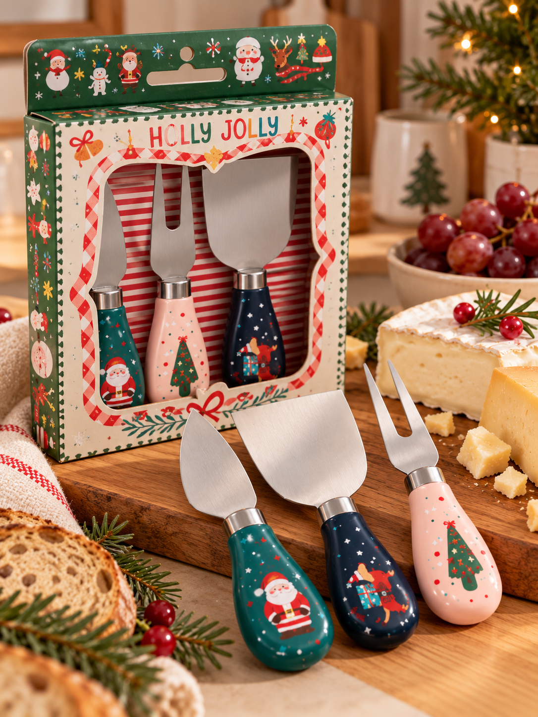 SET DE 3 UTENSILIOS PARA QUESO CON DISEÑO NAVIDEÑO