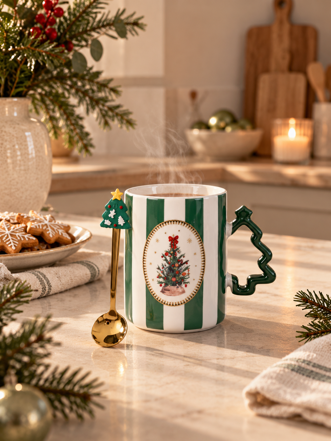 TAZA NAVIDEÑA VERDE CON COLADOR - SET DE 2 PIEZAS
