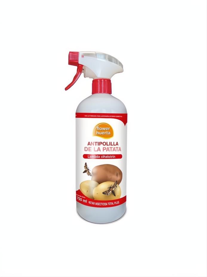 White 750ml spray bottle of Flower Huerta Antipolilla de la Patata insecticide with red accents and potato graphic.